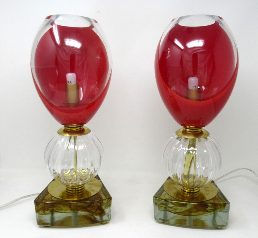 Antique Pair Mid Century Italian Murano Glass Lucite Table Lamps Red Crystal Gilt 1950s