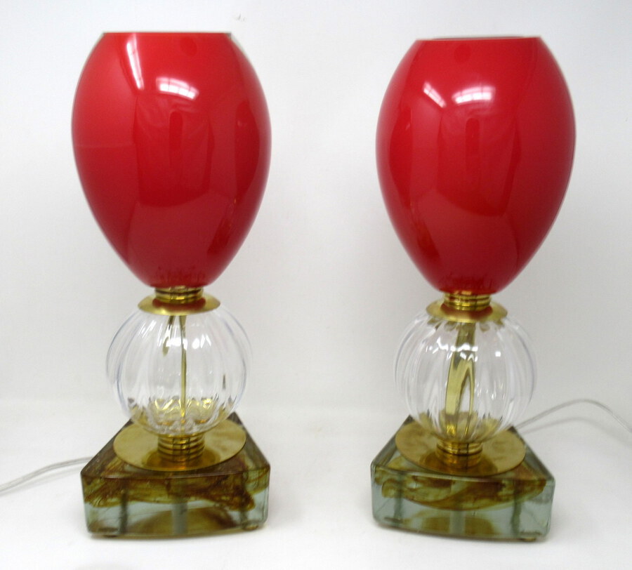 Antique Pair Mid Century Italian Murano Glass Lucite Table Lamps Red Crystal Gilt 1950s