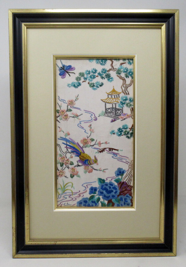 Antique Antique Pair of Chinese Hand Embroidered Silk Pictures Panels Irish Interest  