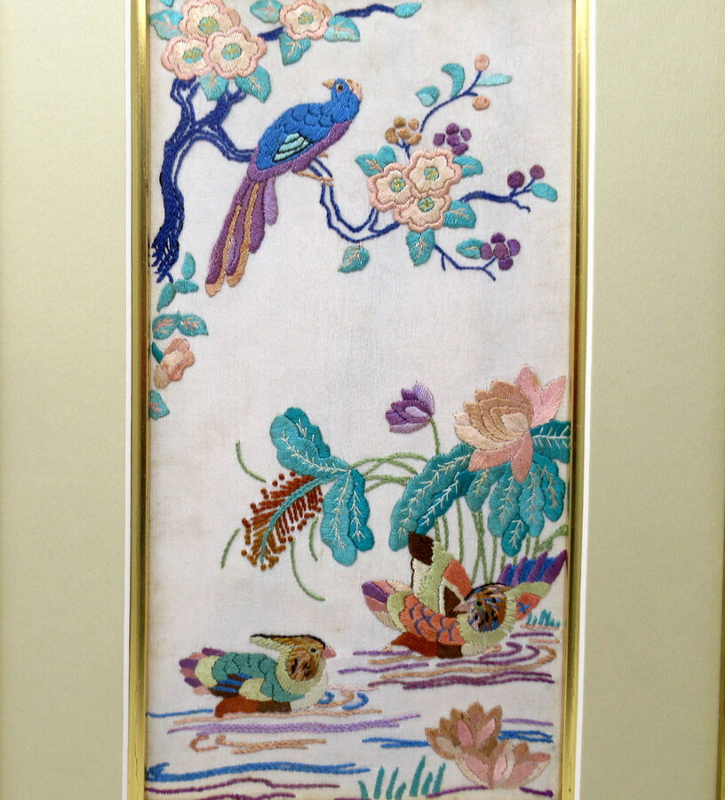 Antique Antique Pair of Chinese Hand Embroidered Silk Pictures Panels Irish Interest  