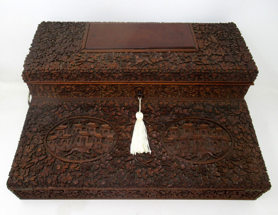 Antique Antique Anglo-Indian Bombay Carved Sandalwood Writing Slope Box Mid 19thCentury 