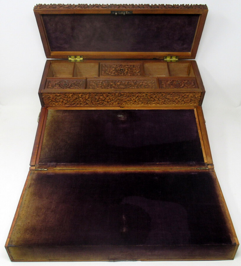 Antique Antique Anglo-Indian Bombay Carved Sandalwood Writing Slope Box Mid 19thCentury 