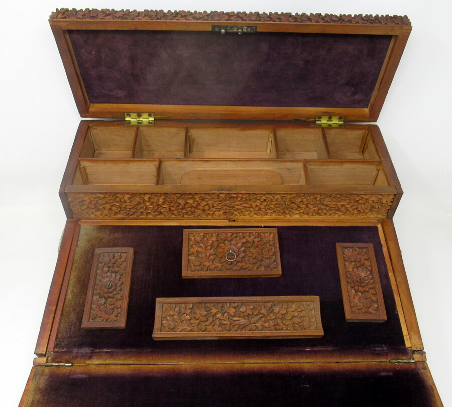 Antique Antique Anglo-Indian Bombay Carved Sandalwood Writing Slope Box Mid 19thCentury 