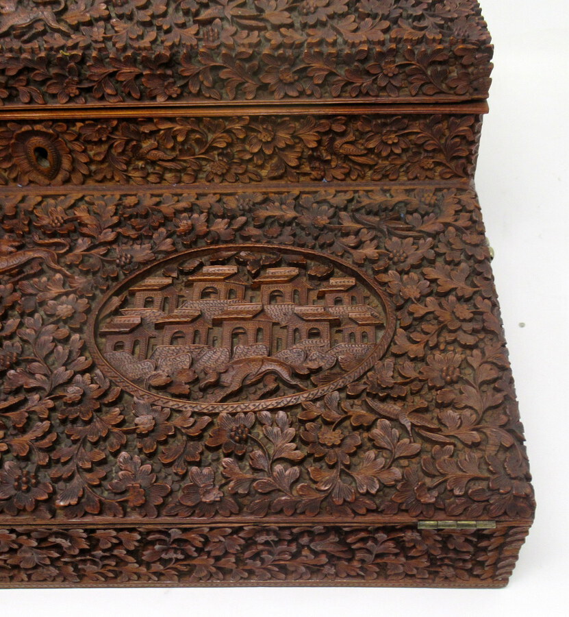 Antique Antique Anglo-Indian Bombay Carved Sandalwood Writing Slope Box Mid 19thCentury 