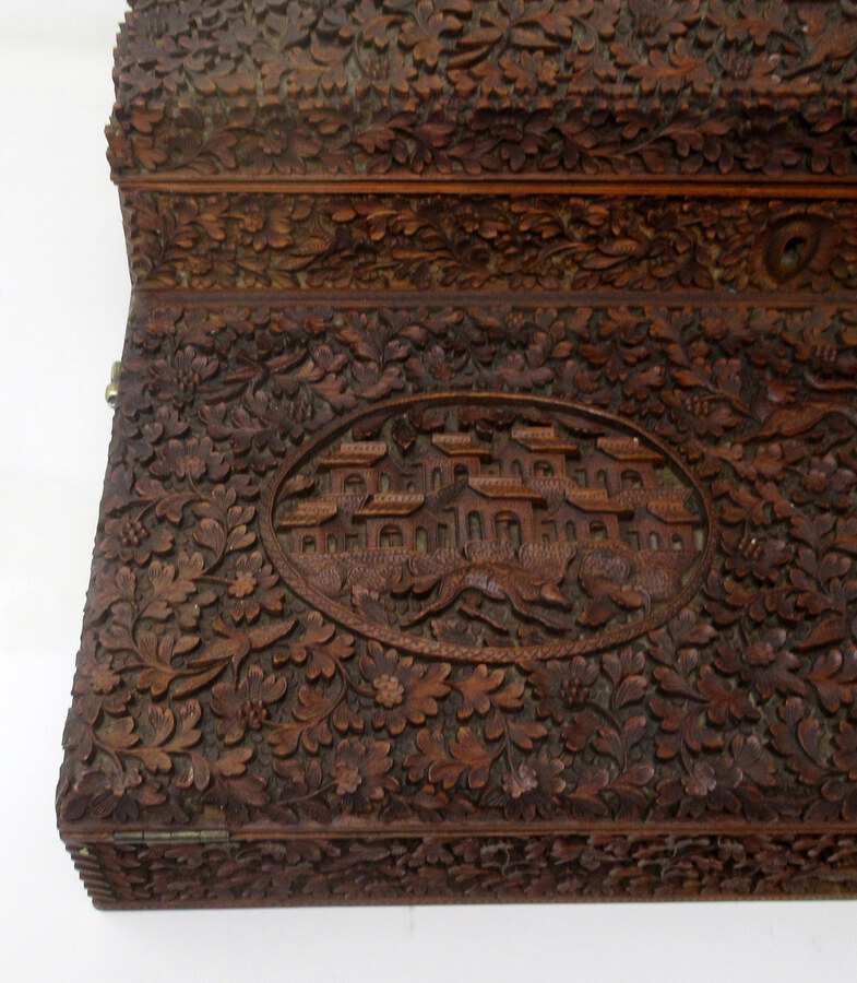 Antique Antique Anglo-Indian Bombay Carved Sandalwood Writing Slope Box Mid 19thCentury 