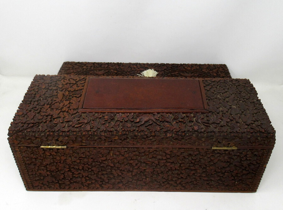 Antique Antique Anglo-Indian Bombay Carved Sandalwood Writing Slope Box Mid 19thCentury 