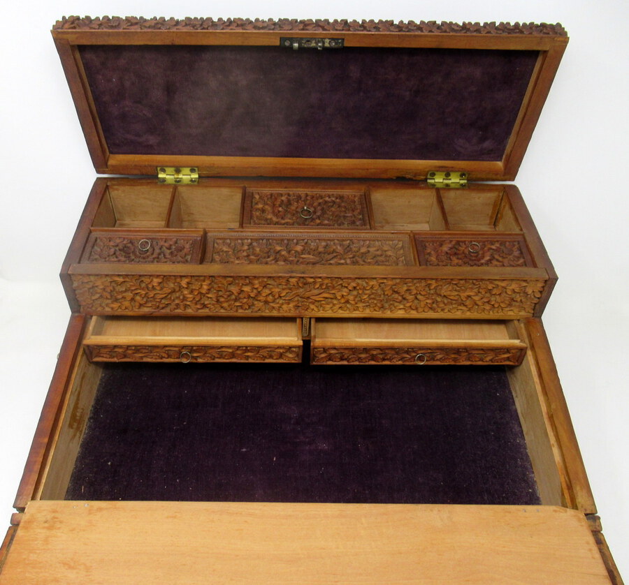 Antique Antique Anglo-Indian Bombay Carved Sandalwood Writing Slope Box Mid 19thCentury 