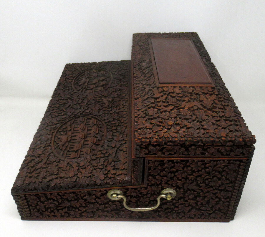 Antique Antique Anglo-Indian Bombay Carved Sandalwood Writing Slope Box Mid 19thCentury 