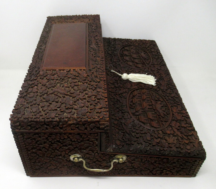 Antique Antique Anglo-Indian Bombay Carved Sandalwood Writing Slope Box Mid 19thCentury 