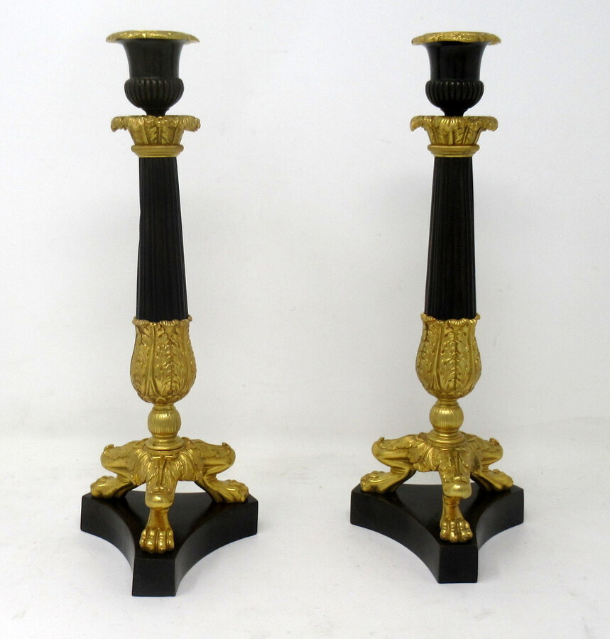 Antique Antique Pair of French Empire Ormolu Patinated Bronze Dore Candlesticks Regency  