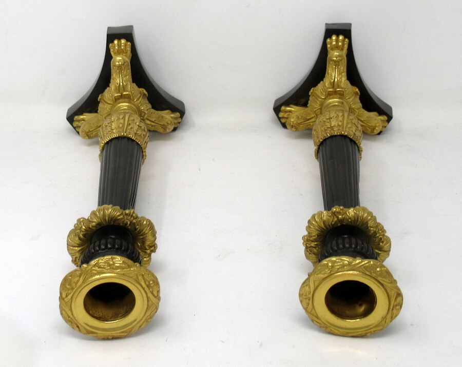 Antique Antique Pair of French Empire Ormolu Patinated Bronze Dore Candlesticks Regency  