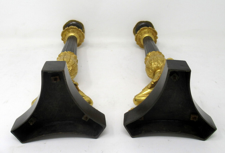 Antique Antique Pair of French Empire Ormolu Patinated Bronze Dore Candlesticks Regency  