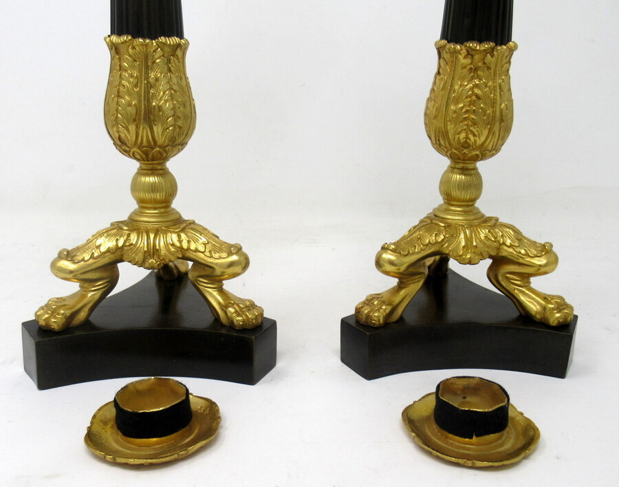 Antique Antique Pair of French Empire Ormolu Patinated Bronze Dore Candlesticks Regency  