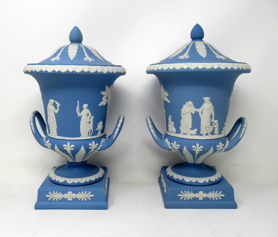 Antique Antique Pair of Blue Wedgwood Jasperware Ceramic Urns Vases Mythological Classical Scenes