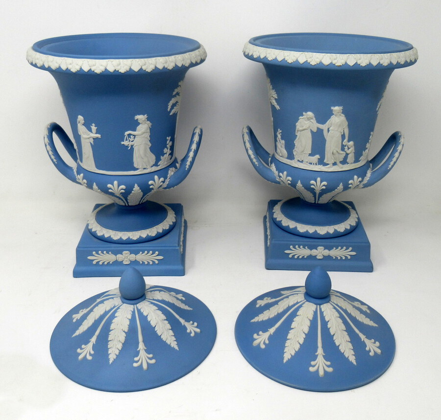 Antique Antique Pair of Blue Wedgwood Jasperware Ceramic Urns Vases Mythological Classical Scenes