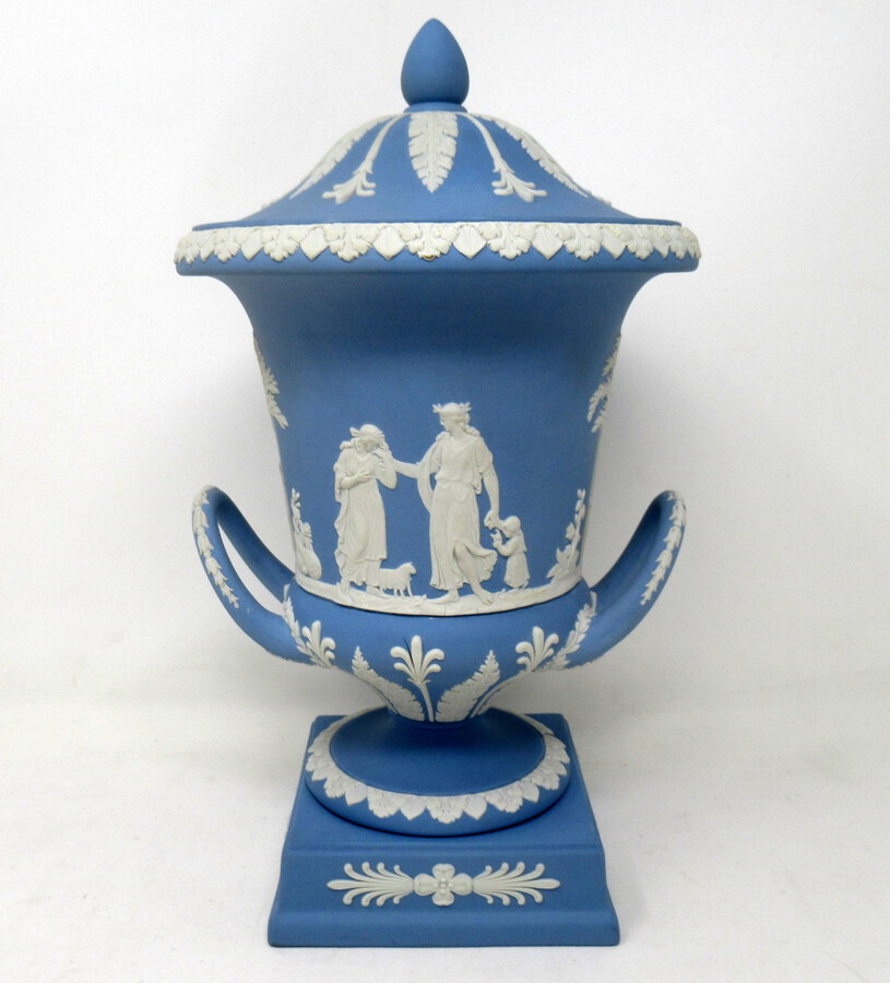 Antique Antique Pair of Blue Wedgwood Jasperware Ceramic Urns Vases Mythological Classical Scenes