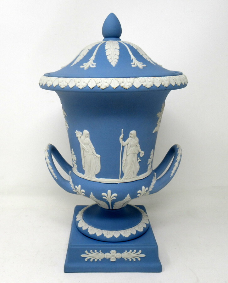 Antique Antique Pair of Blue Wedgwood Jasperware Ceramic Urns Vases Mythological Classical Scenes