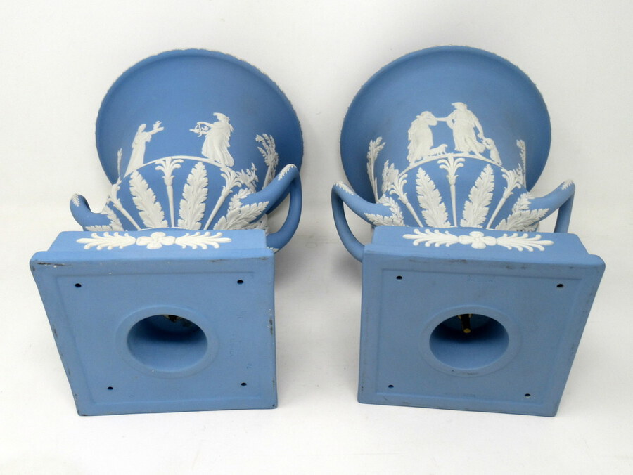 Antique Antique Pair of Blue Wedgwood Jasperware Ceramic Urns Vases Mythological Classical Scenes