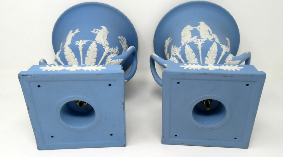 Antique Antique Pair of Blue Wedgwood Jasperware Ceramic Urns Vases Mythological Classical Scenes