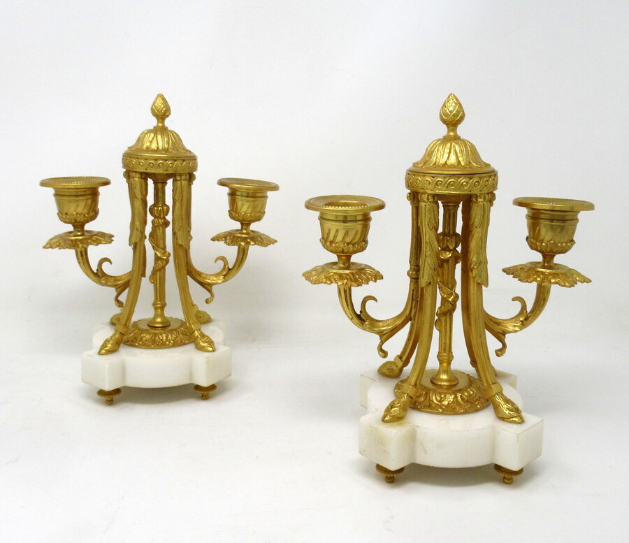 Antique Pair French Ormolu White Marble Twin Arm Garniture Candelabra Candlesticks 19th Century