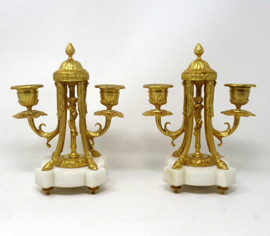 Antique Pair French Ormolu White Marble Twin Arm Garniture Candelabra Candlesticks 19th Century