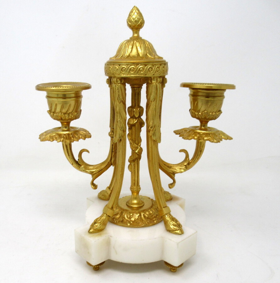 Antique Pair French Ormolu White Marble Twin Arm Garniture Candelabra Candlesticks 19th Century