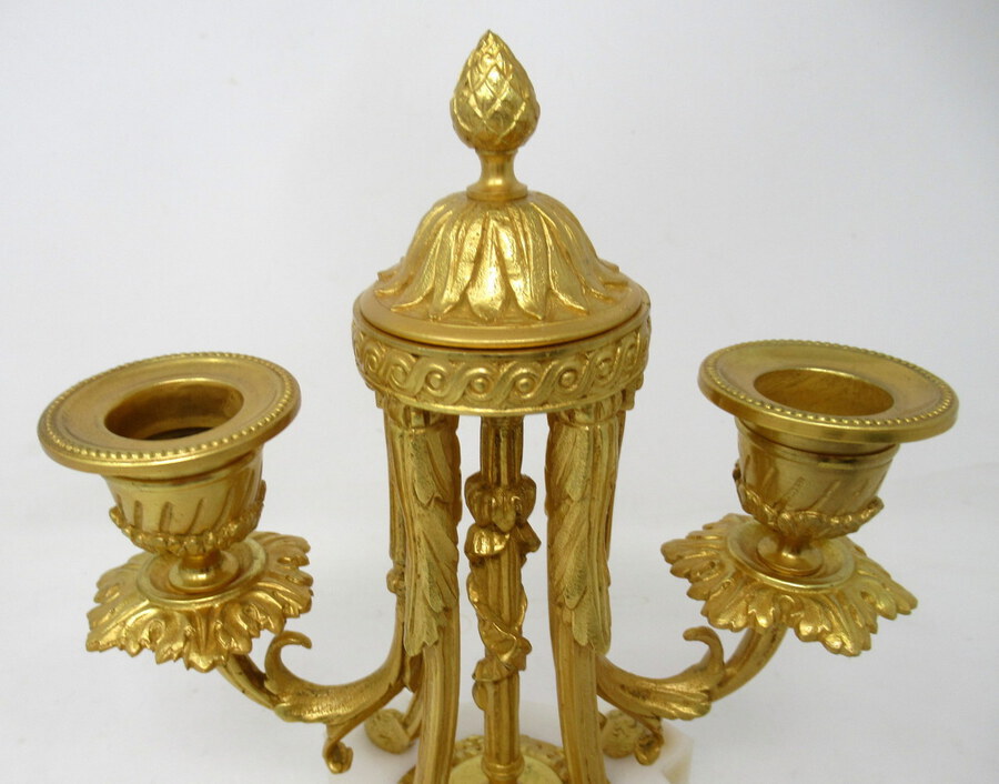 Antique Pair French Ormolu White Marble Twin Arm Garniture Candelabra Candlesticks 19th Century