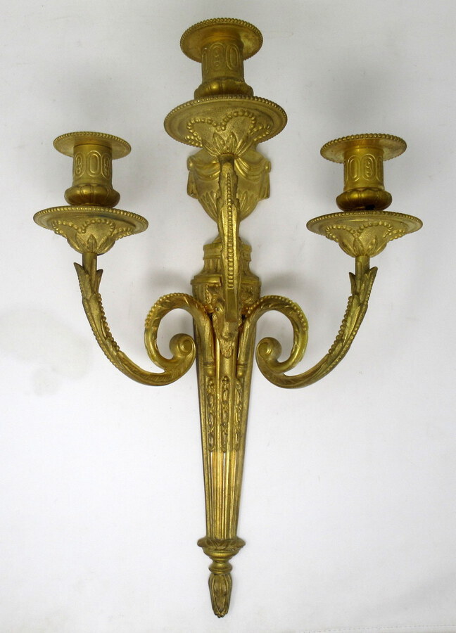 Antique Antique Pair of French Gilt Bronze Three Light Wall Candle Sconces 19th Century