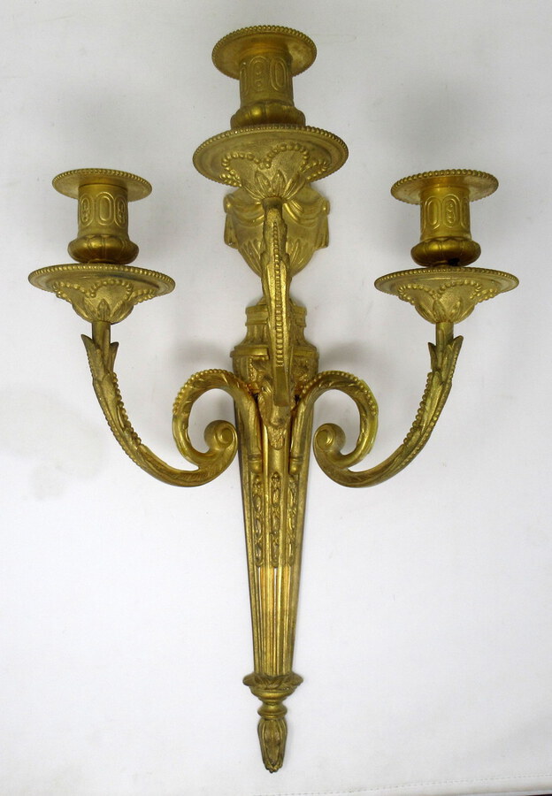 Antique Antique Pair of French Gilt Bronze Three Light Wall Candle Sconces 19th Century