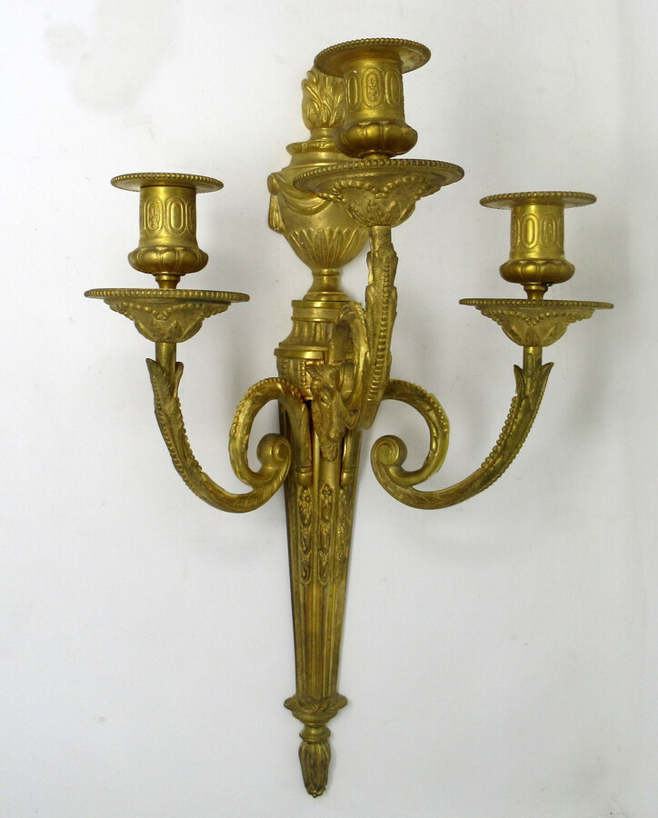 Antique Antique Pair of French Gilt Bronze Three Light Wall Candle Sconces 19th Century