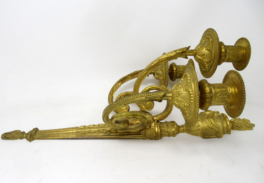 Antique Antique Pair of French Gilt Bronze Three Light Wall Candle Sconces 19th Century