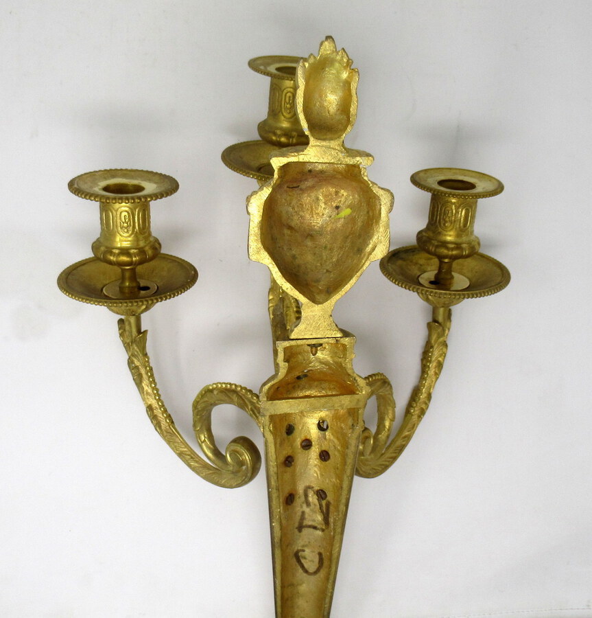 Antique Antique Pair of French Gilt Bronze Three Light Wall Candle Sconces 19th Century