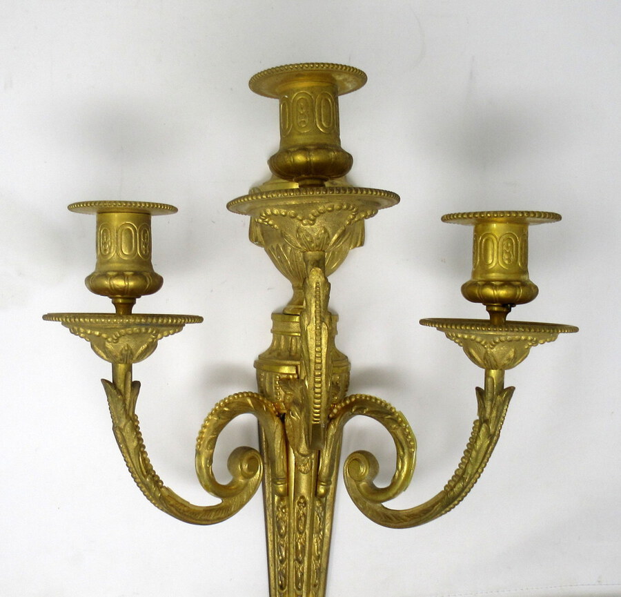 Antique Antique Pair of French Gilt Bronze Three Light Wall Candle Sconces 19th Century