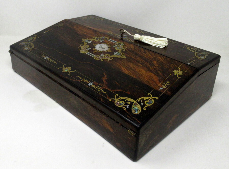 Antique Irish Coromandel Mother of Pearl Writing Slope Box by Austins Dublin, circa 1860