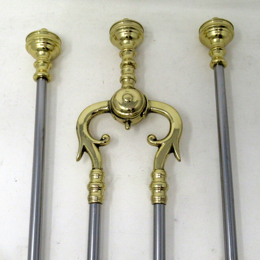 Antique Set English Victorian Steel Brass Fireplace Fire Tools Irons Companion 19Century