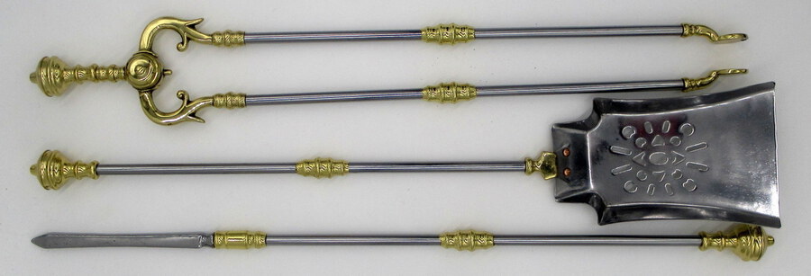 Antique Set English Victorian Steel Brass Fireplace Fire Tools Irons Companion 19Century