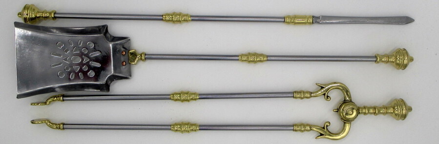 Antique Set English Victorian Steel Brass Fireplace Fire Tools Irons Companion 19Century