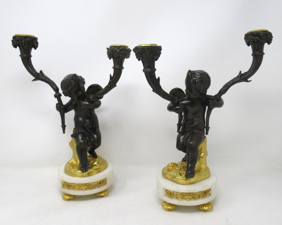 Antique Antique Pair French Gilt Bronze Ormolu Twin Light Candelabra Clodion Grand Tour