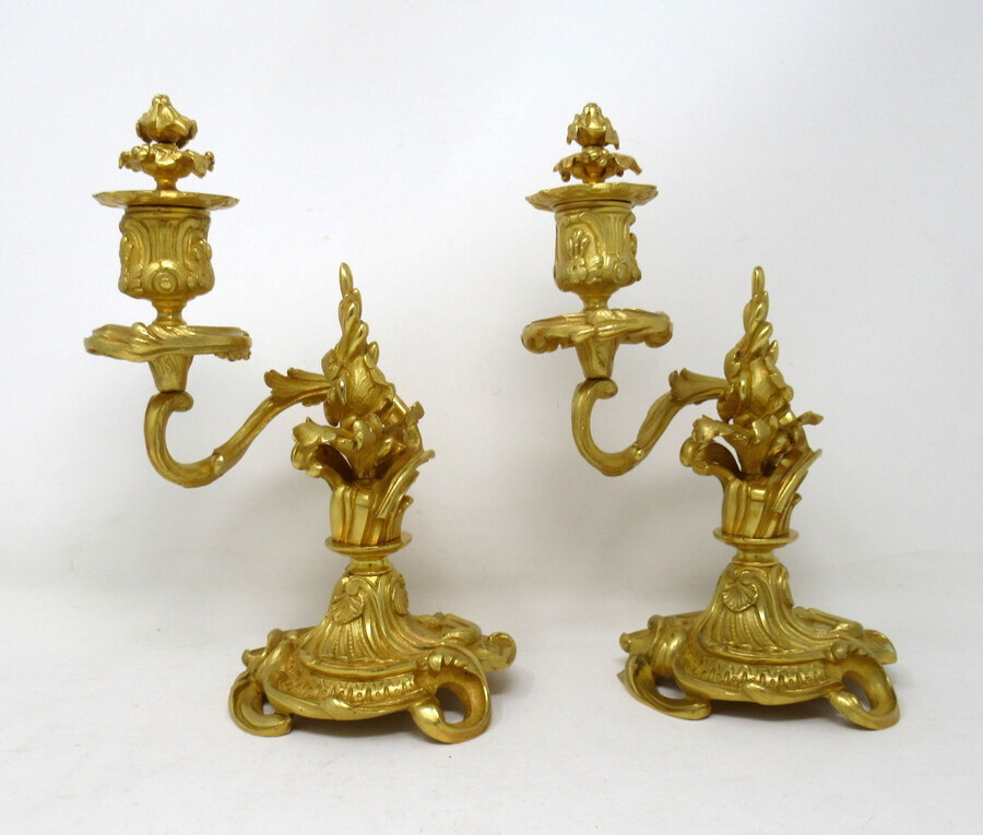 Antique Pair French Ormolu Gilt Bronze Rococo Candlesticks Manner of Juste Aurele Meissonier