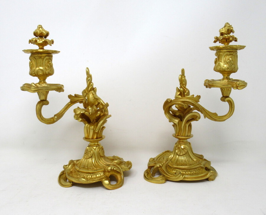 Antique Pair French Ormolu Gilt Bronze Rococo Candlesticks Manner of Juste Aurele Meissonier
