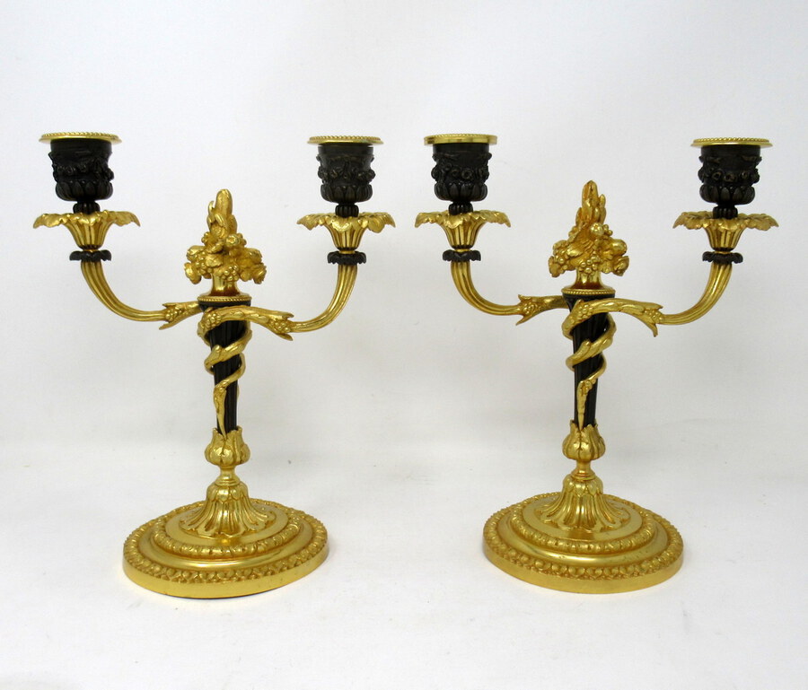 Antique Antique Pair French Ormolu Bronze Twin Arm Candelabra 19th Ct