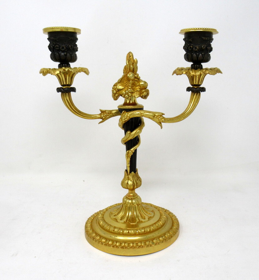 Antique Antique Pair French Ormolu Bronze Twin Arm Candelabra 19th Ct