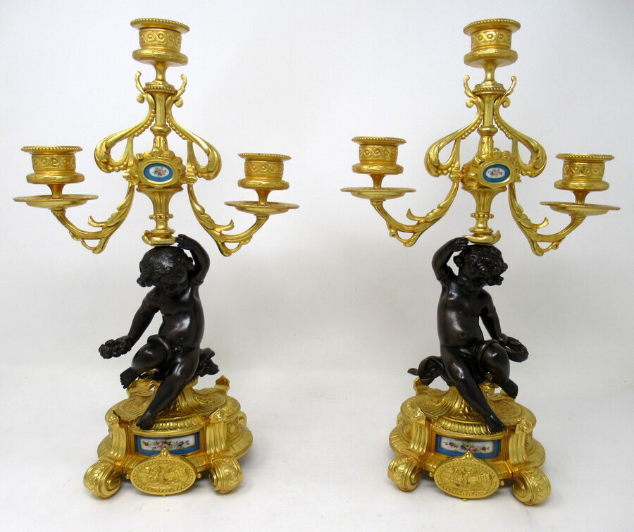 Antique ntique Pair French Sevres Porcelain Gilt Bronze Cherub Candelabra Candlesticks