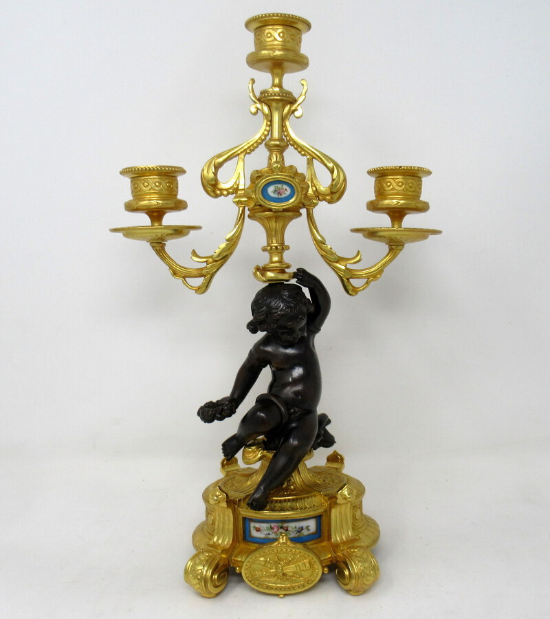 Antique ntique Pair French Sevres Porcelain Gilt Bronze Cherub Candelabra Candlesticks