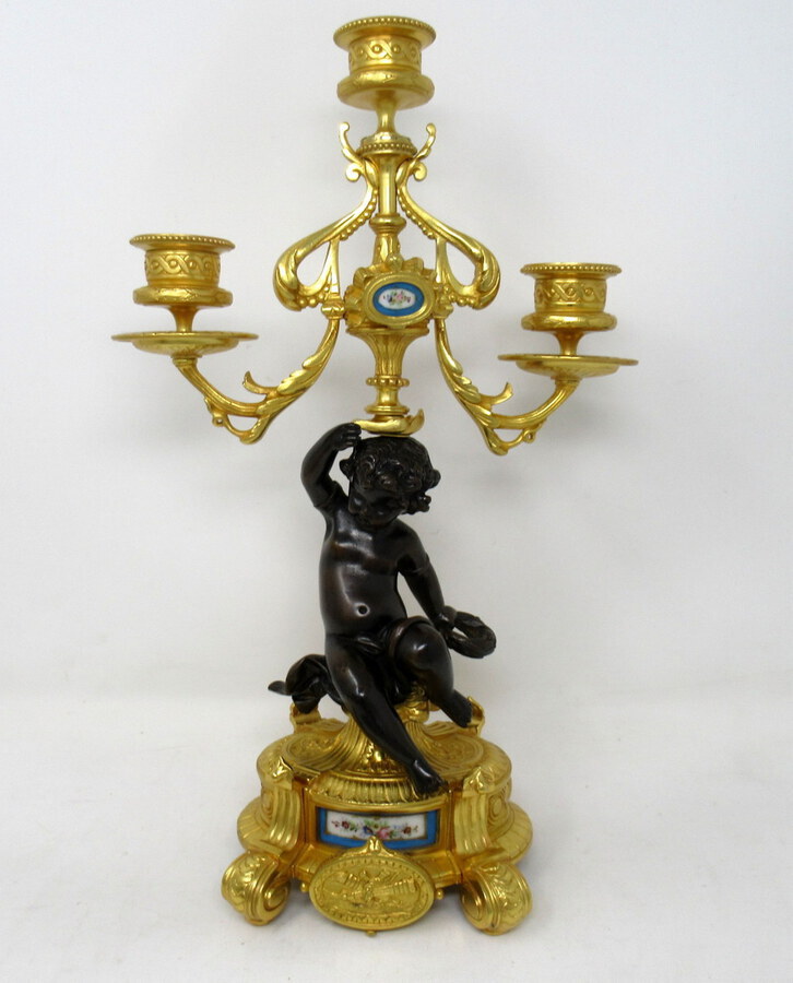 Antique ntique Pair French Sevres Porcelain Gilt Bronze Cherub Candelabra Candlesticks