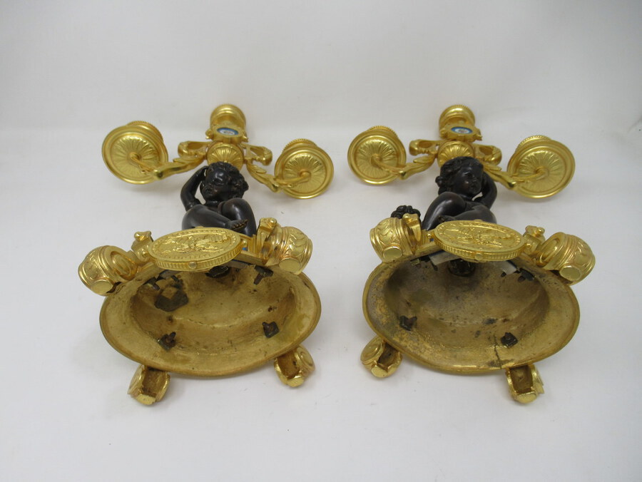 Antique ntique Pair French Sevres Porcelain Gilt Bronze Cherub Candelabra Candlesticks