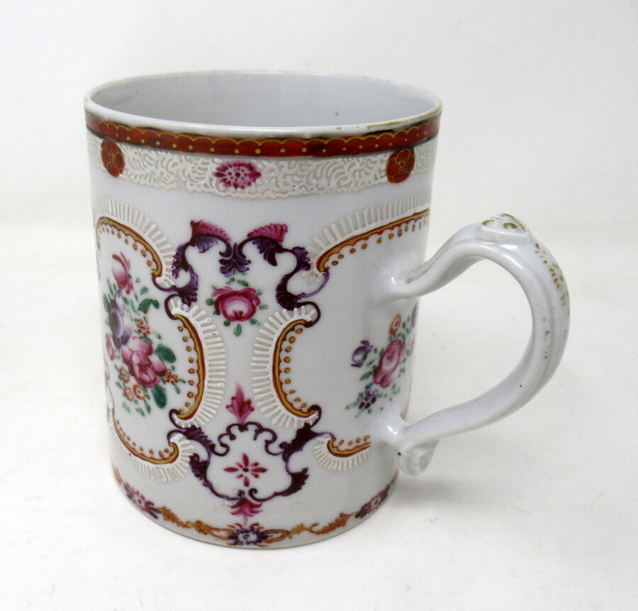 Antique Chinese Canton Porcelain Famille Rose Blue White Tankard Mug Qianlong 18th Cent