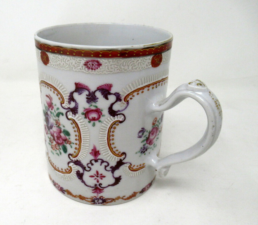 Antique Chinese Canton Porcelain Famille Rose Blue White Tankard Mug Qianlong 18th Cent