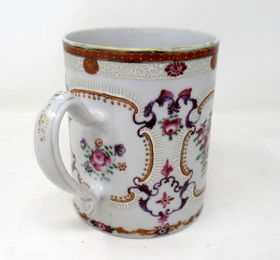 Antique Chinese Canton Porcelain Famille Rose Blue White Tankard Mug Qianlong 18th Cent