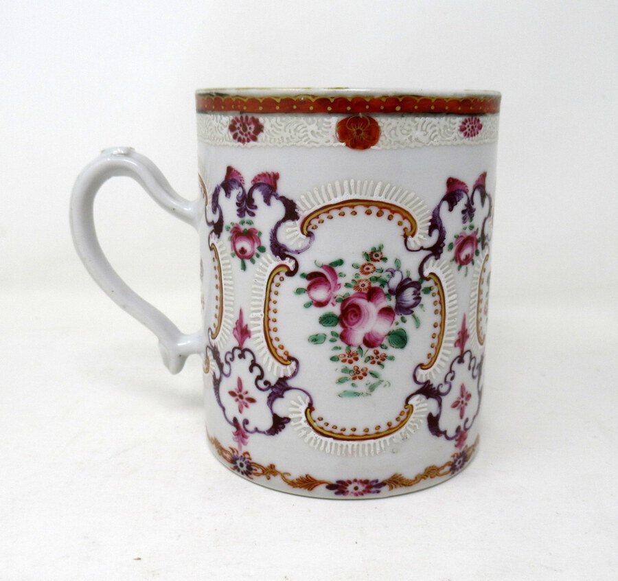 Antique Chinese Canton Porcelain Famille Rose Blue White Tankard Mug Qianlong 18th Cent